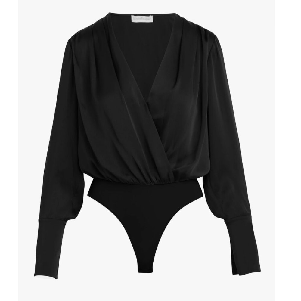 NWT Favorite Daughter The Date Blouse Satin Bodysuit Black Noir - Picture 4 of 7
